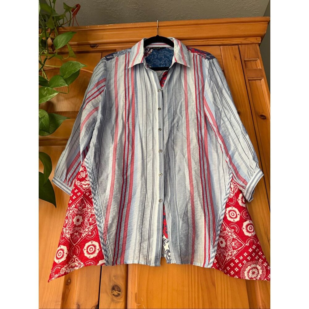 John Mark Patchwork Button-Up Shirt Striped & Pai… - image 3